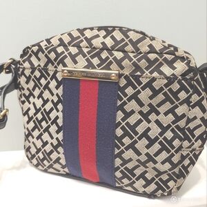 Tommy Hilfiger women black cream casual crossbody bag TH logo red & blue stripe